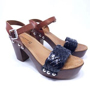 Sandro Rosi Studded Black Brown Leather Sandals Sz 9 Block Chunky Heel Platform